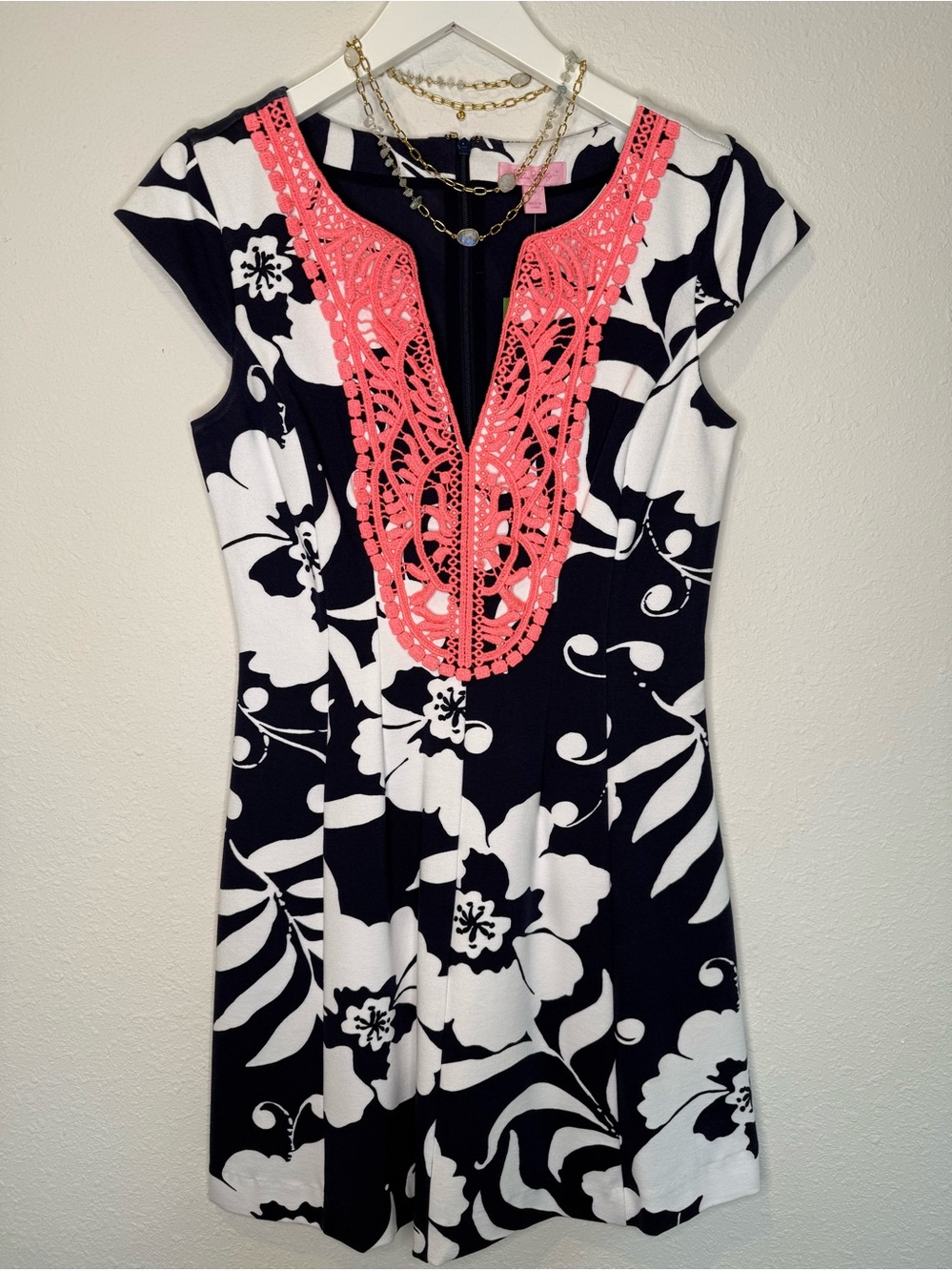 Lilly Pulitzer Navy and White Floral Dress with Coral Crochet Trim